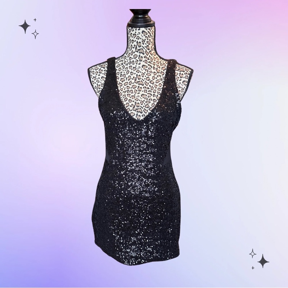 SOLD 🔴 Bebe Black sequin sheer mini bodicon dress